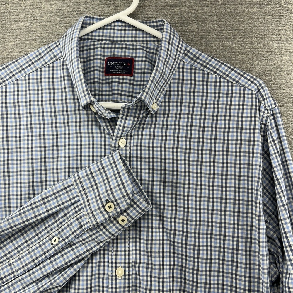 UNTUCKit Nahad Slim Fit Shirt Men Size Large Blue Checked Long Sleeve Nylon